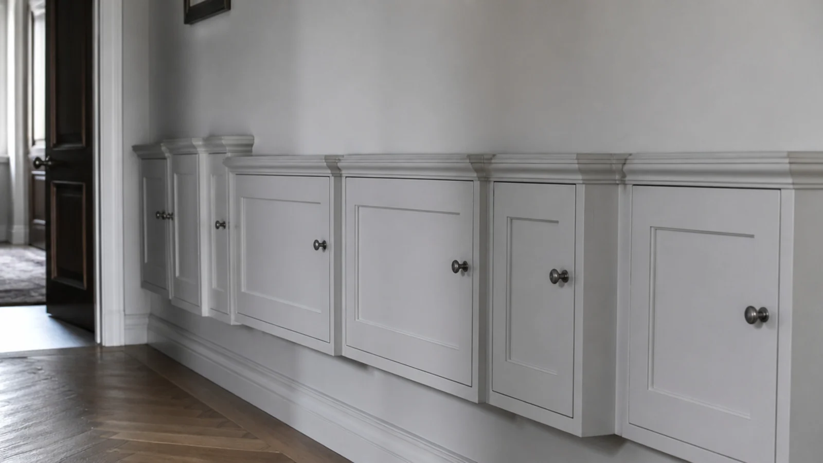 row of molding boxes at matching height with differing widths