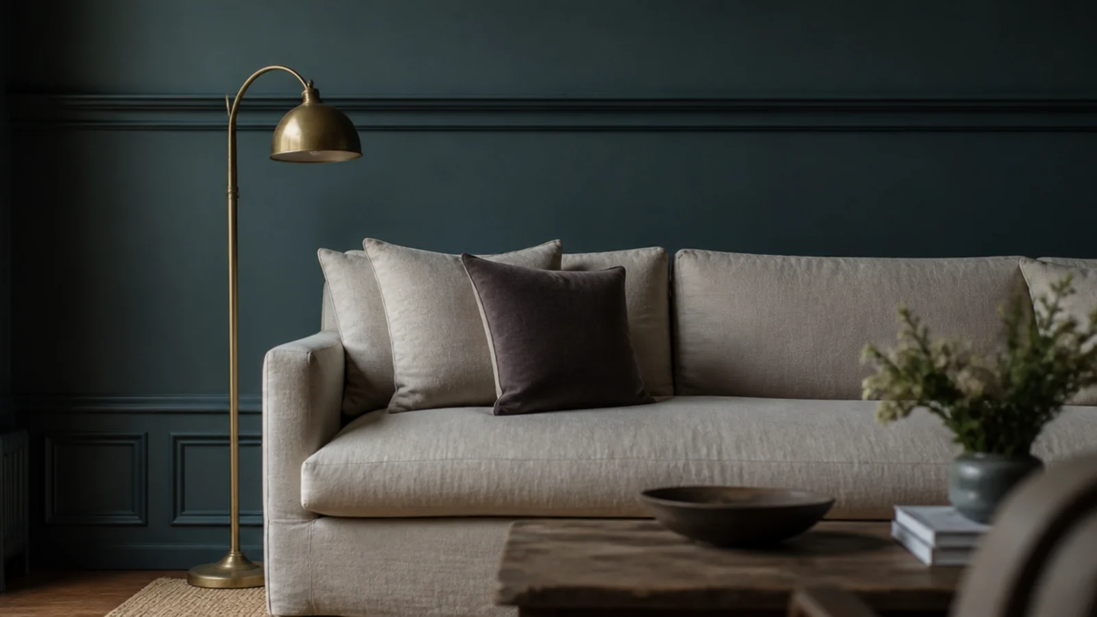taller chair rail set at forty four inches behind a low sofa