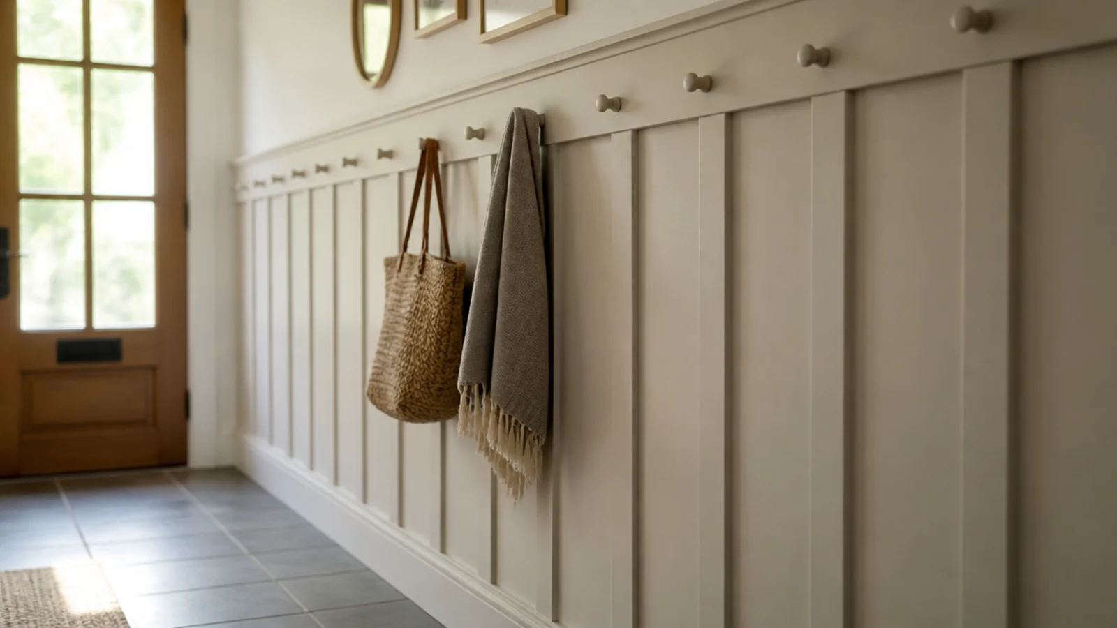 wide flat battens forming a simple molding rhythm along a hallway