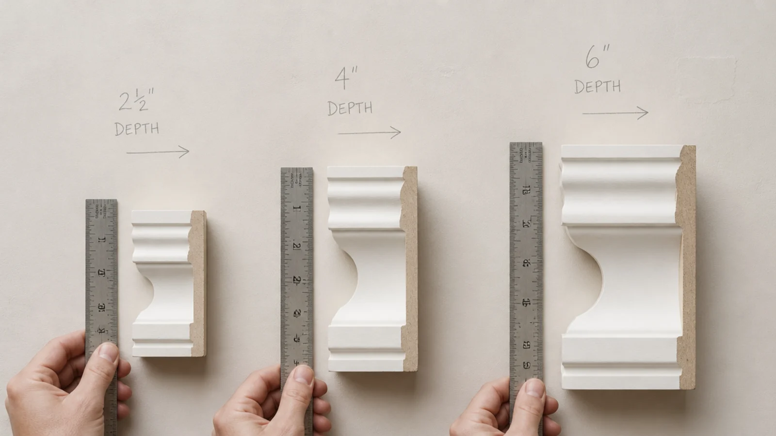 three molding profiles of different depths compared against a wall