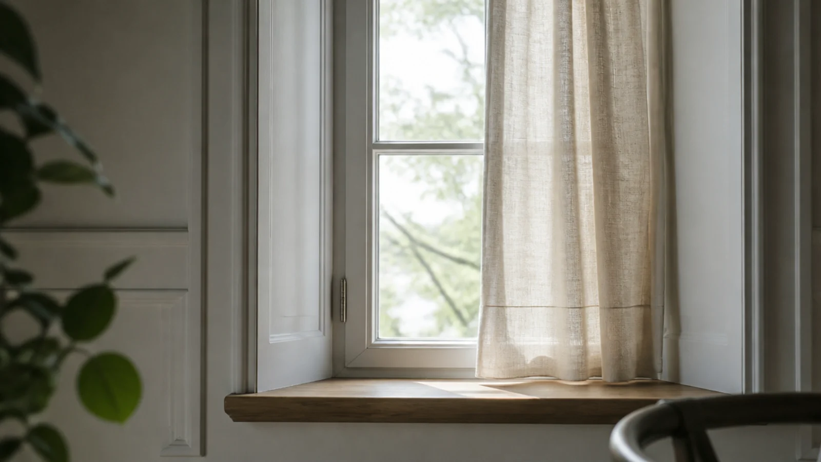 molding continuing into a deep window reveal beside a painted wall