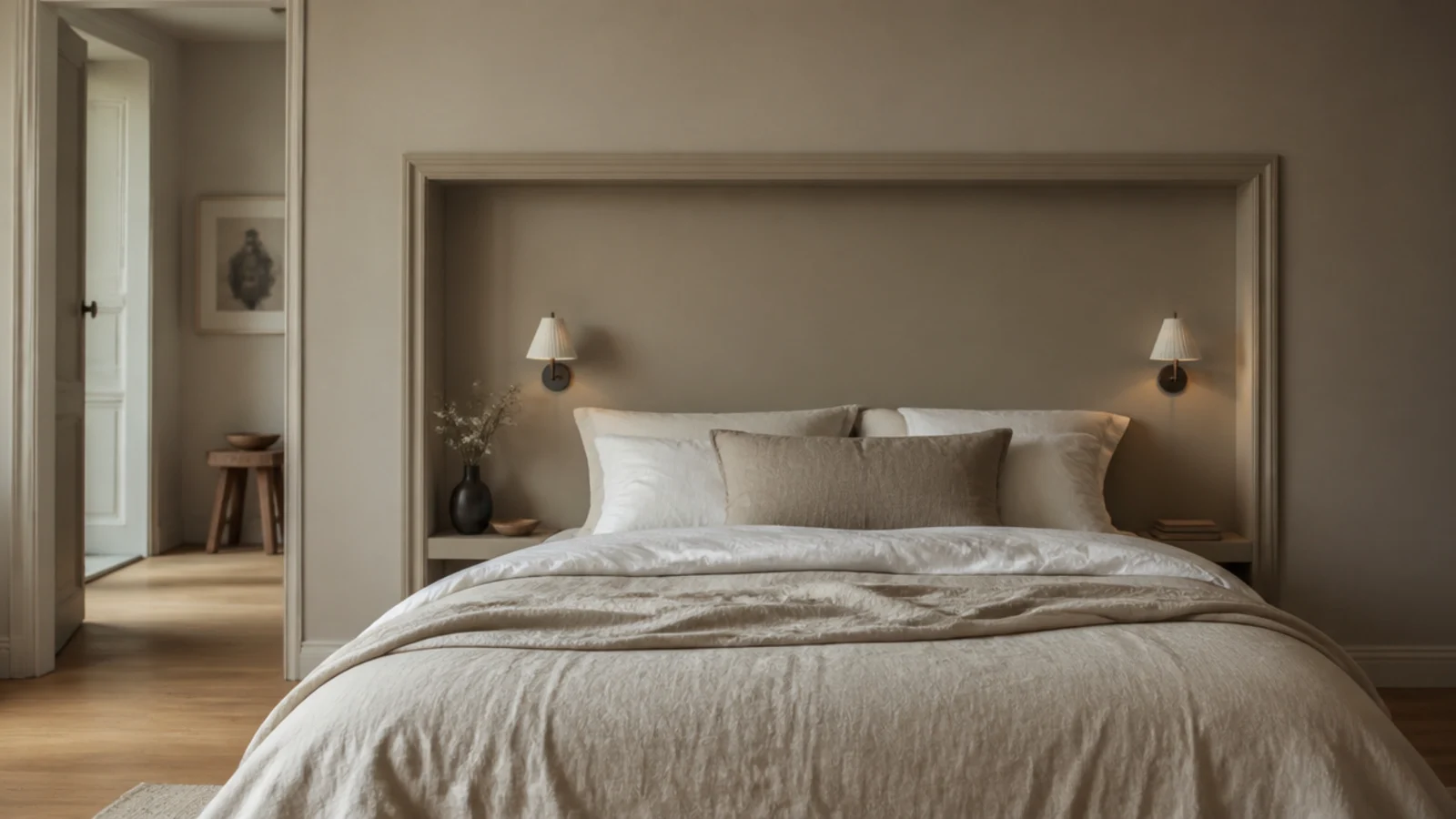 one wide molding box framing a bed head on a painted bedroom wall