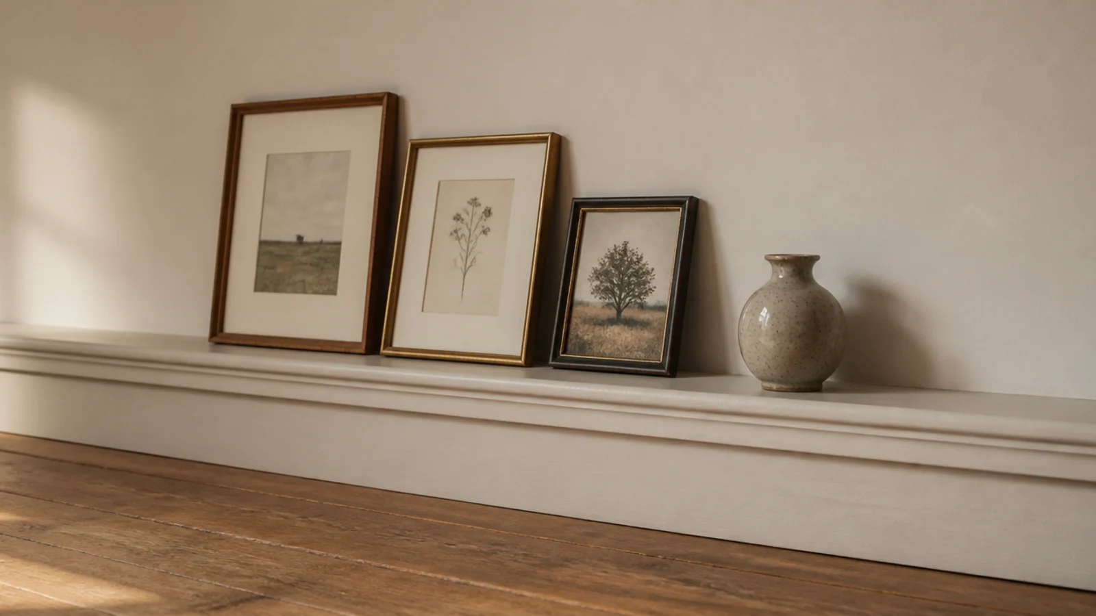 wide capping rail above molding holding leaning frames and a vase