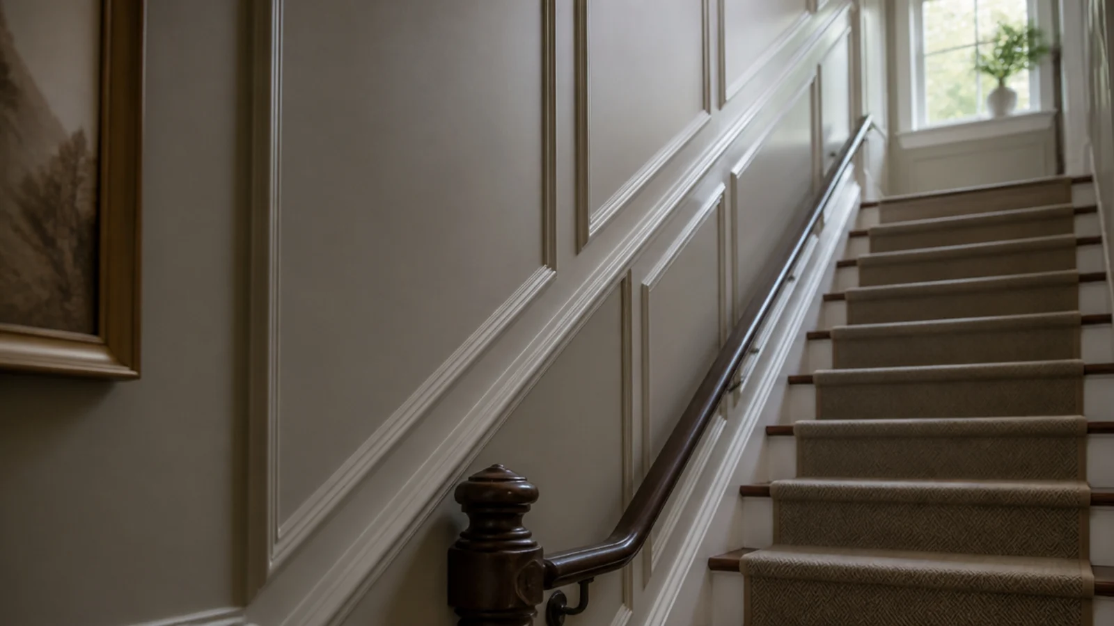 molding boxes running parallel to a staircase rake up a wall