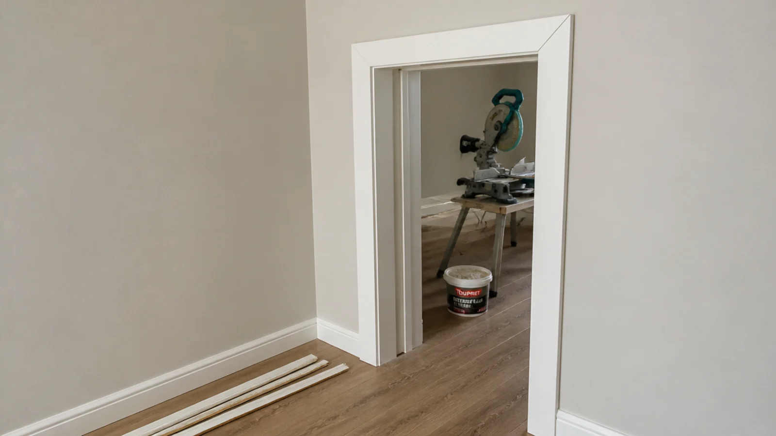 chunkier architrave fitted around a door beside plain painted walls