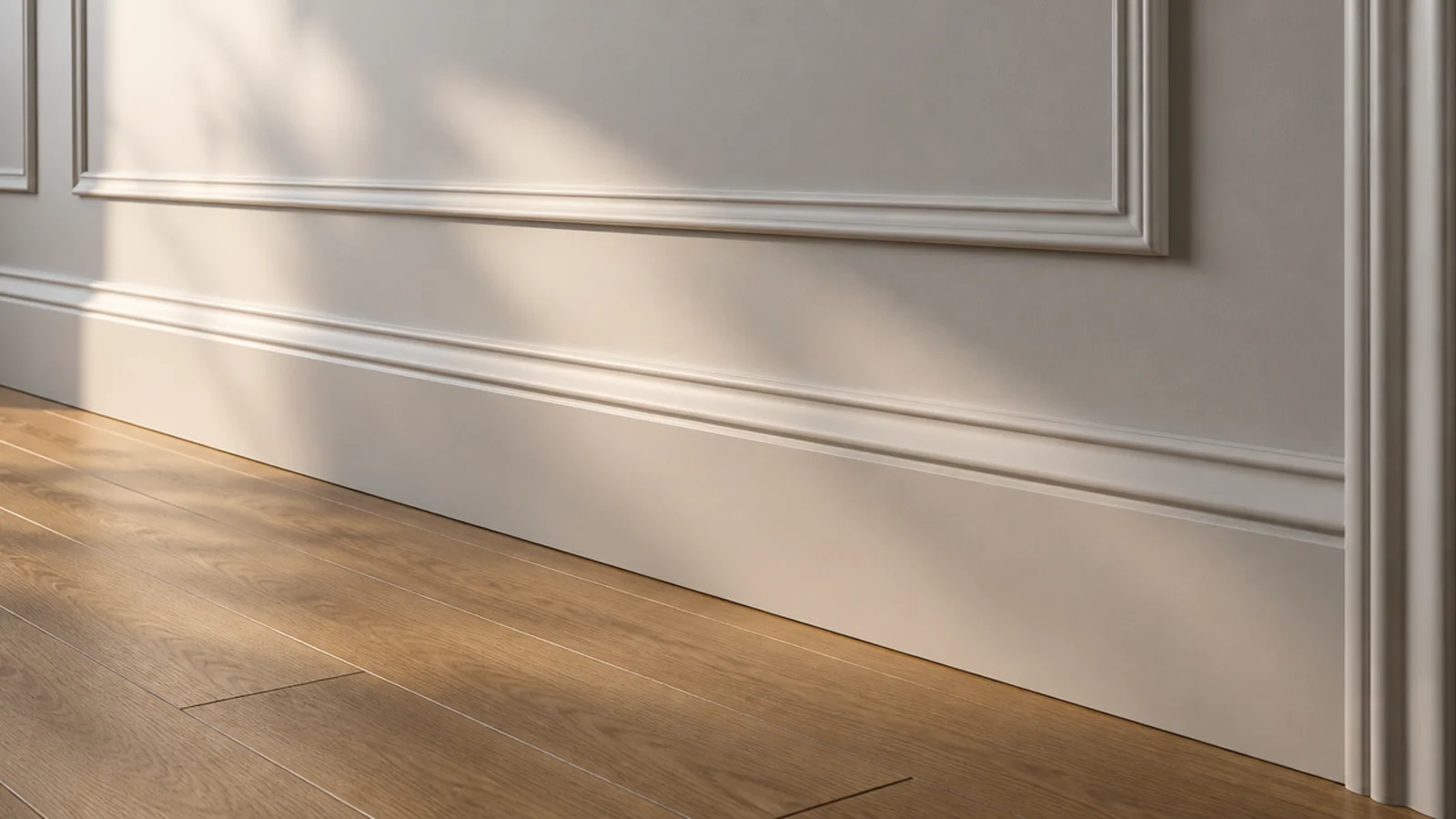tall skirting board sitting below molding boxes on a painted wall