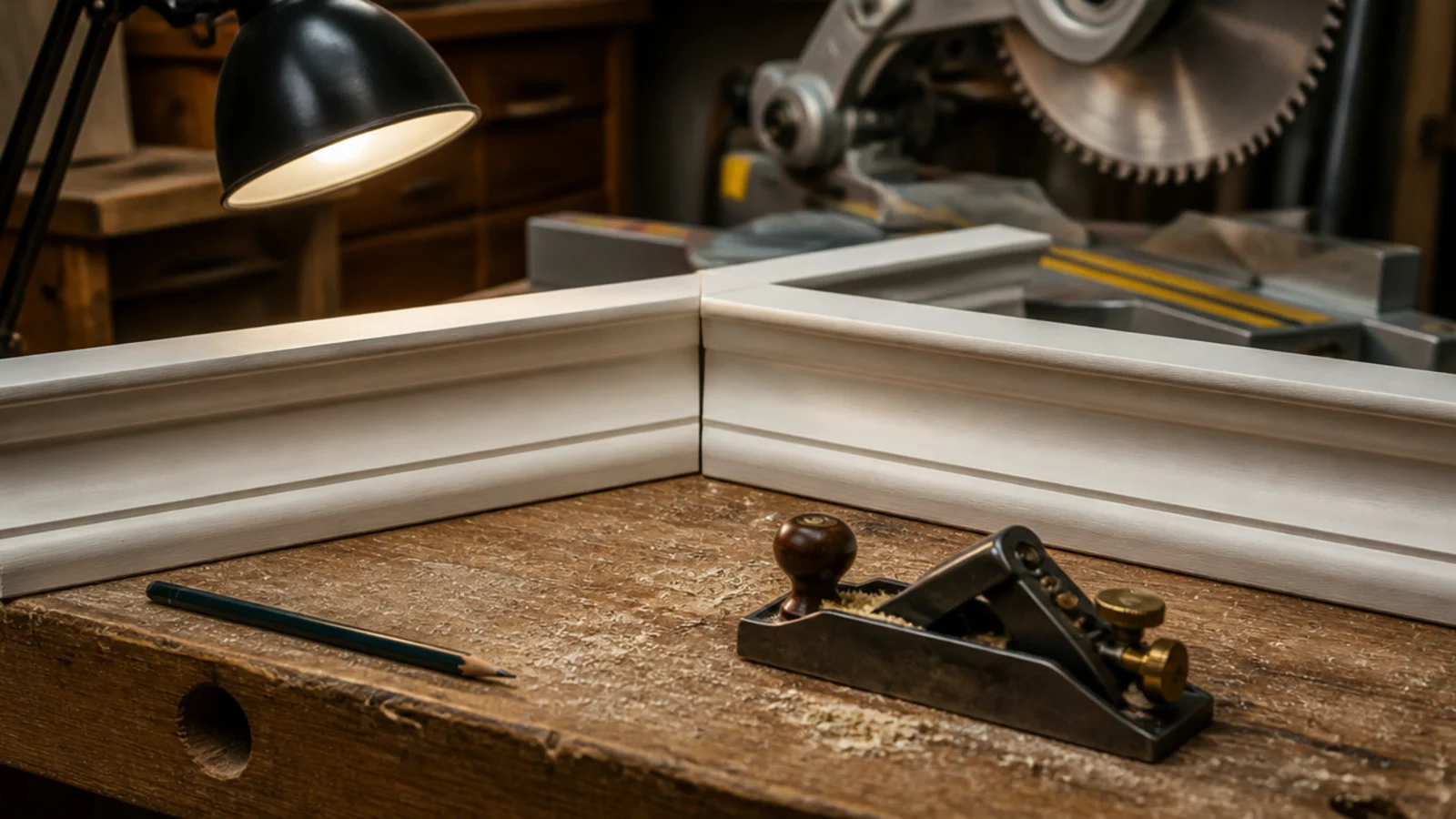 mitred molding ends being test fitted before final trimming