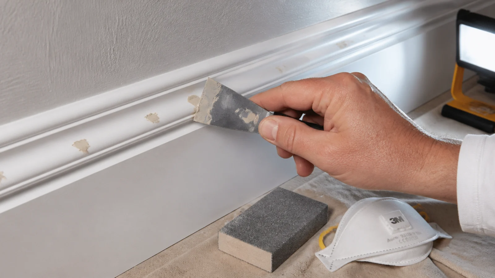 fine filler being pressed into brad pin holes along a molding run