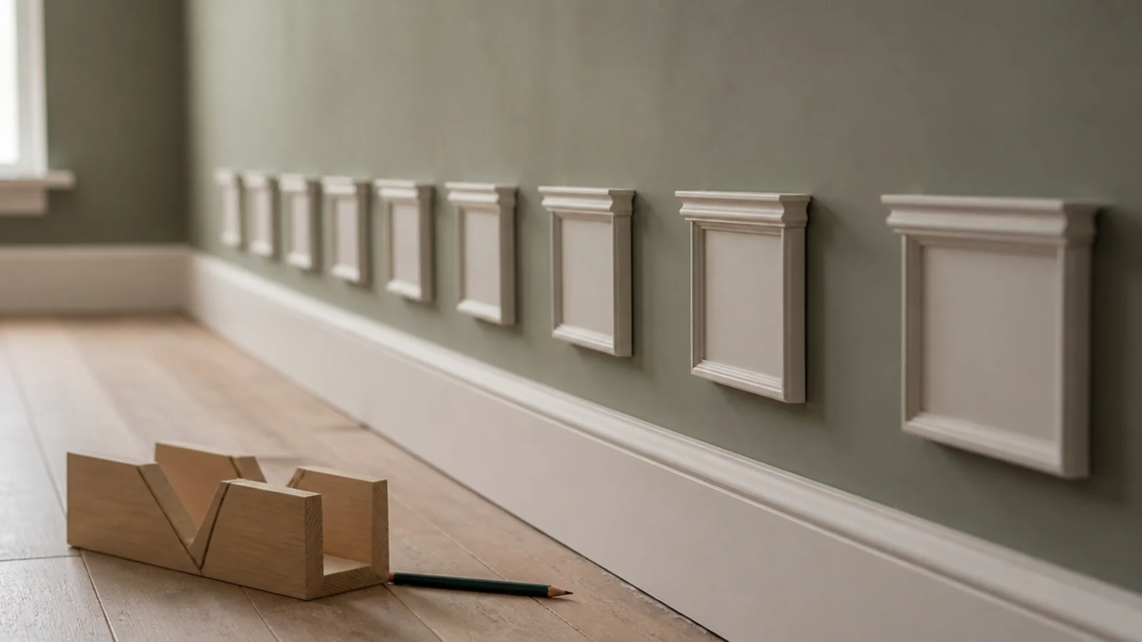 row of painted moulding boxes with equal margins along a plain wall