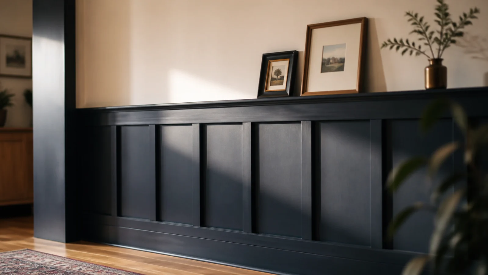 painted board and batten wall with a capping rail at chair height