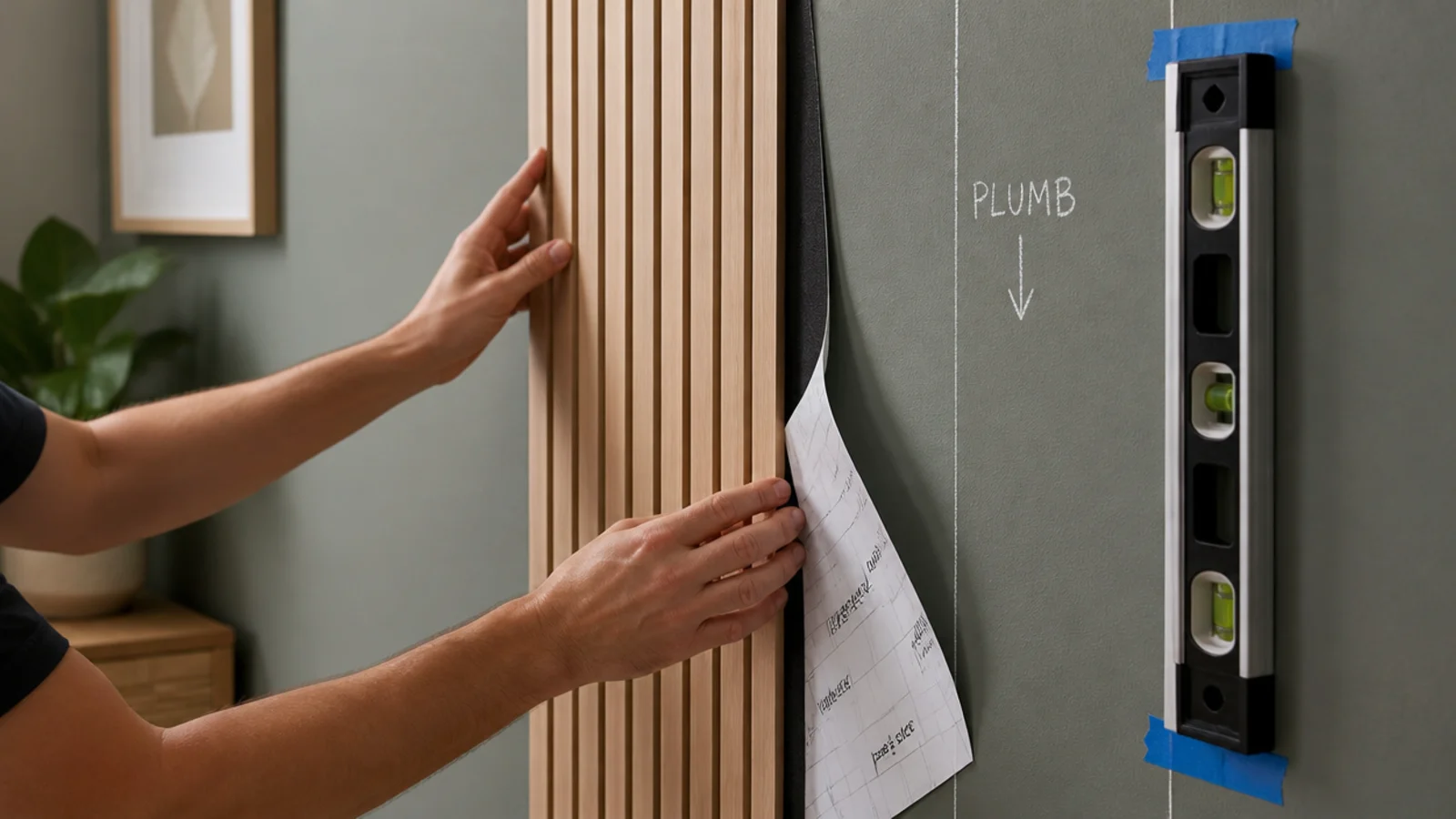 peel and stick slat panel being aligned against a plumb chalk line