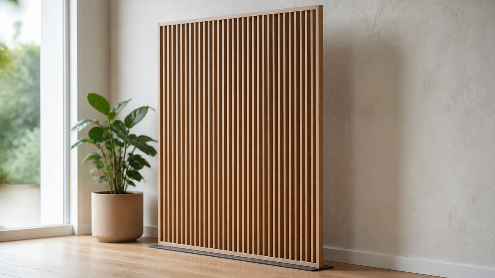 freestanding timber slat screen standing clear of an untouched wall