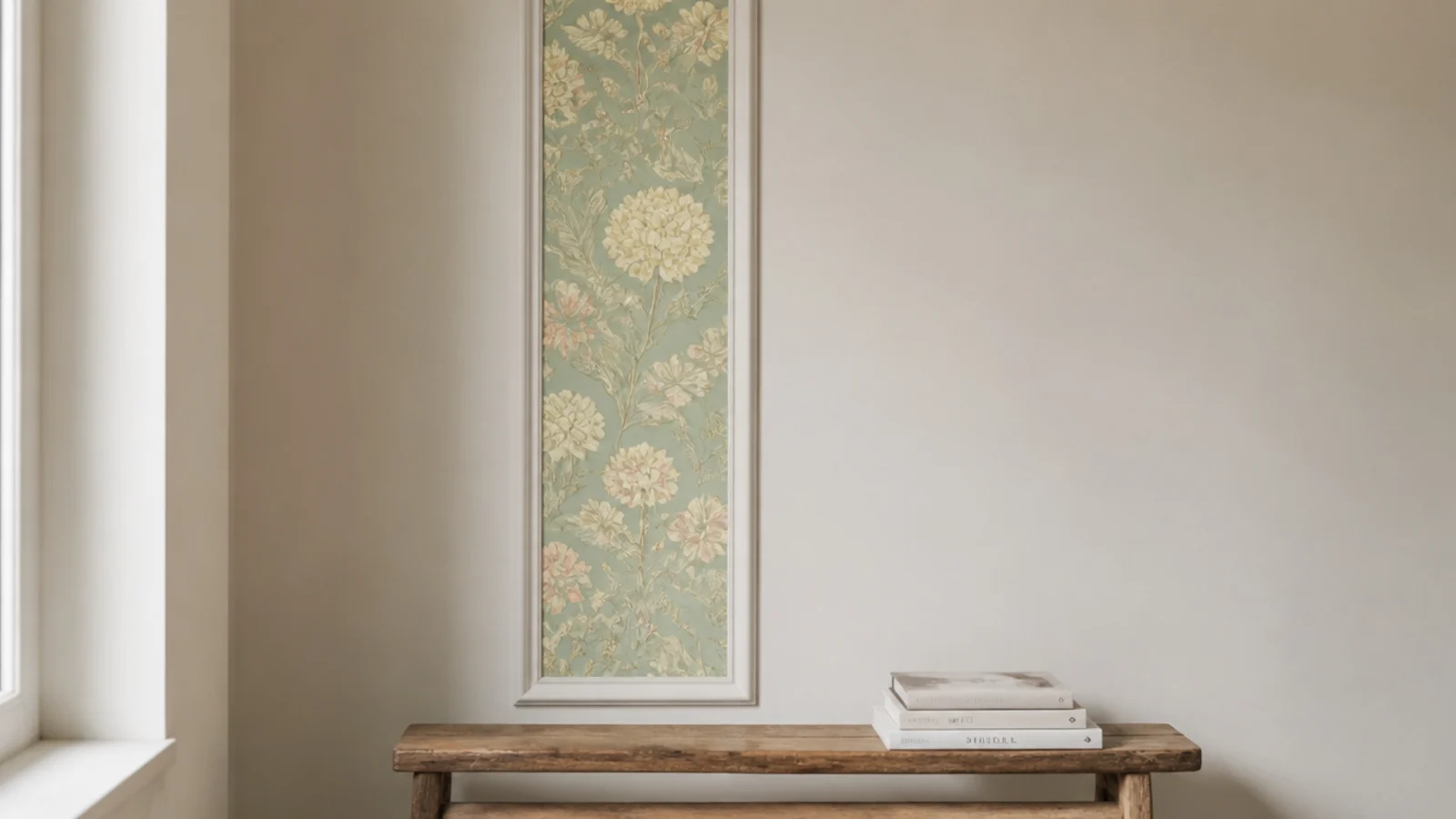 patterned removable wallpaper filling a single slim moulding panel