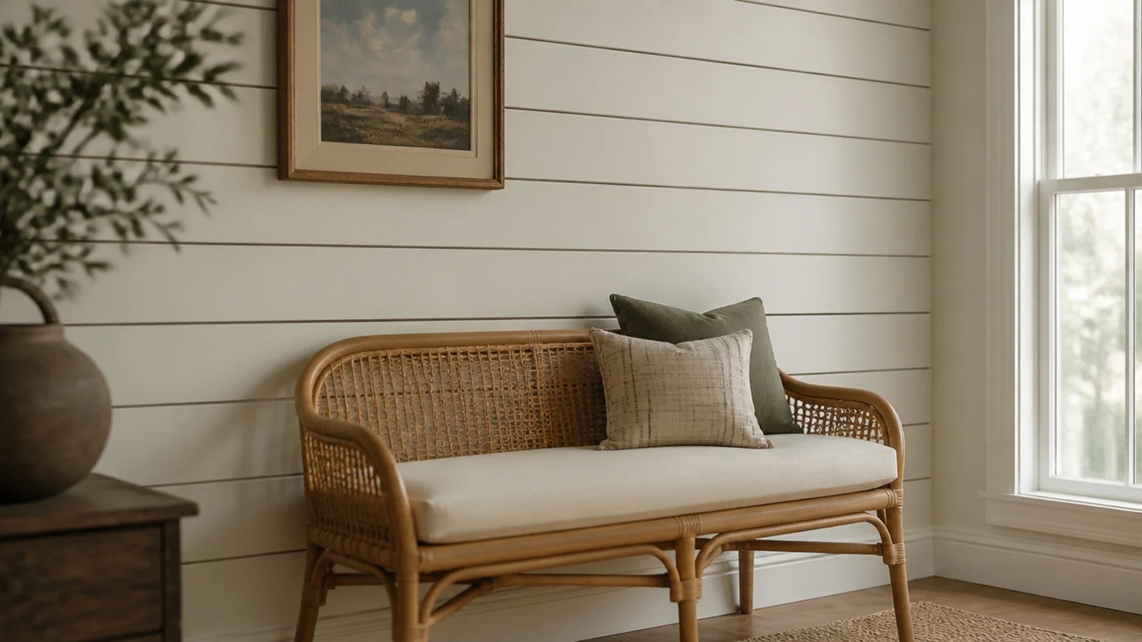 horizontal shiplap boards stretching a narrow wall sideways