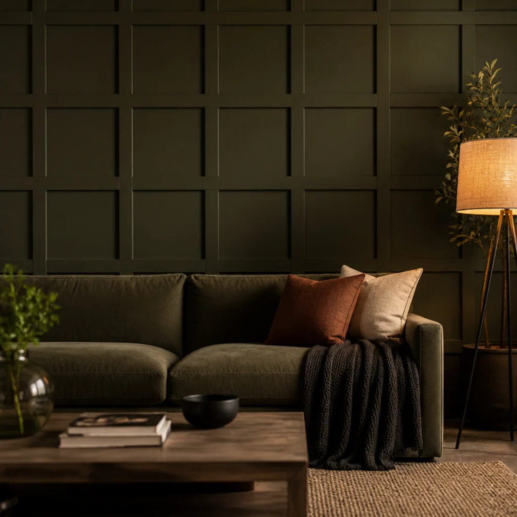 square shaker grid panelling covering an entire painted feature wall