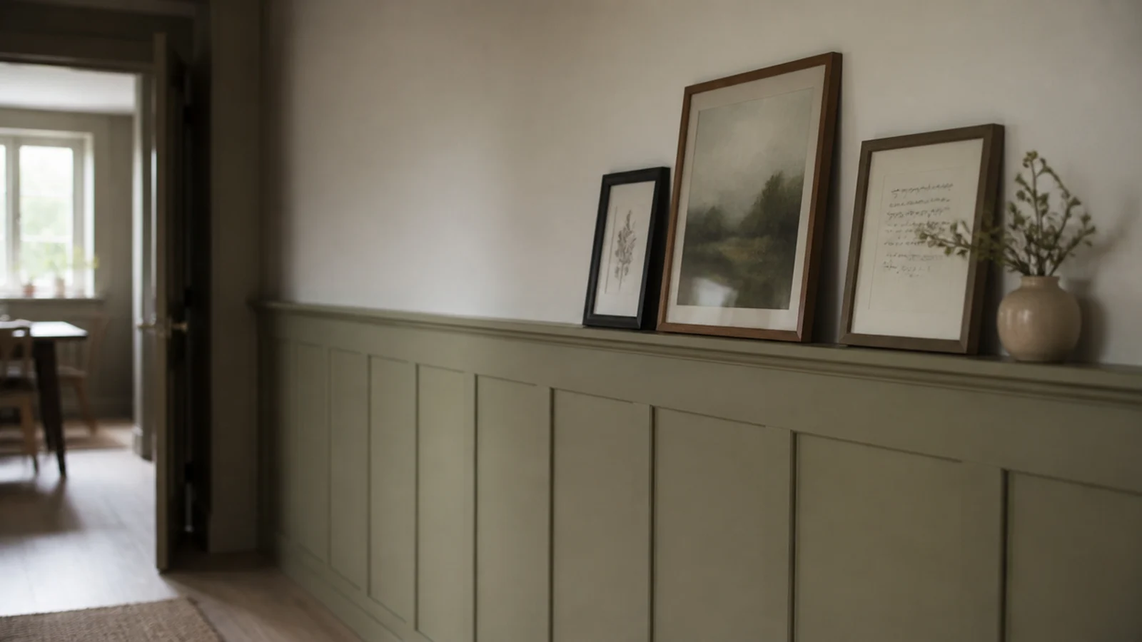 half height panelling topped with a narrow display ledge and frames