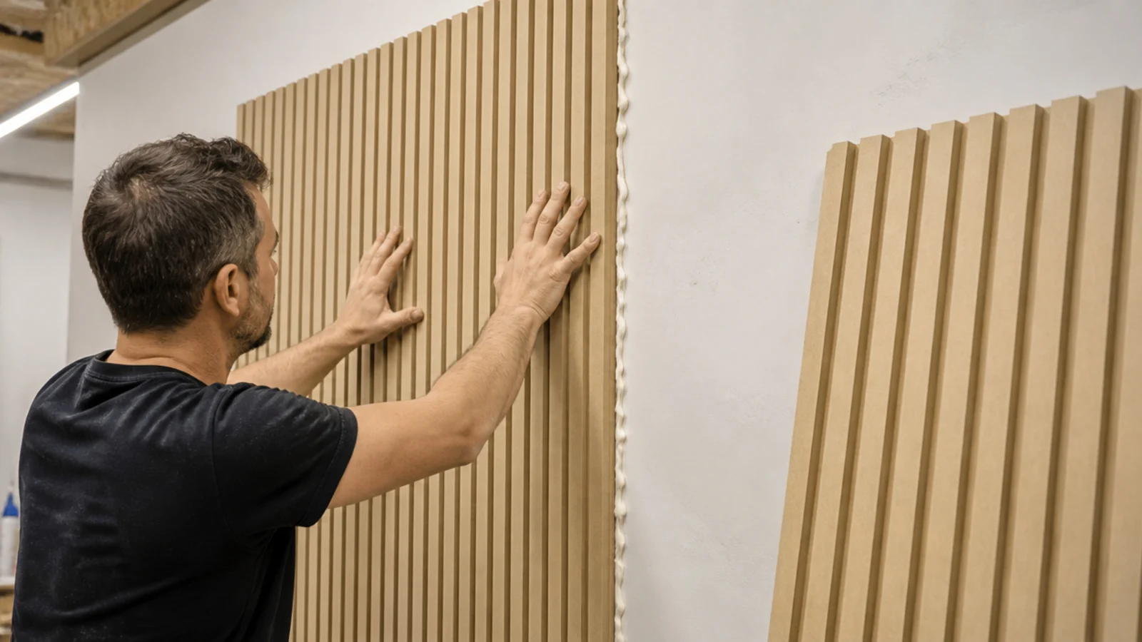 fluted mdf panel being pressed onto a wall with adhesive beads behind