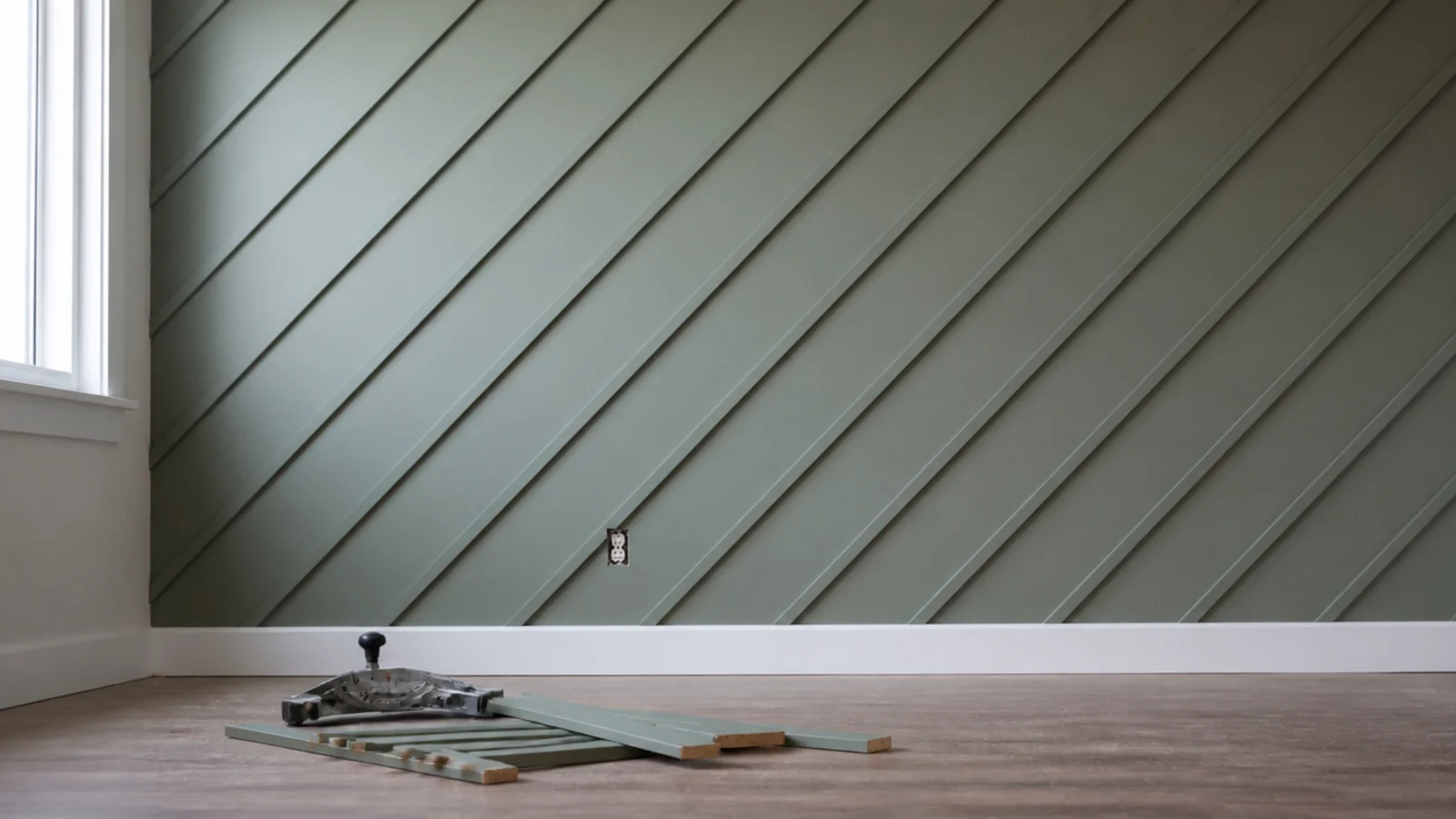 battens running diagonally across a wall in a repeating angled pattern