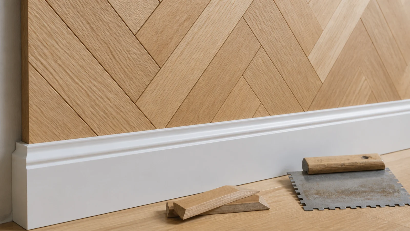 herringbone timber panel section fitted above a painted skirting board