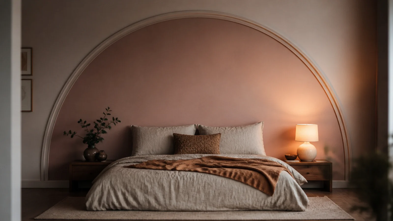 arched moulding shape curving across a painted bedroom feature wall