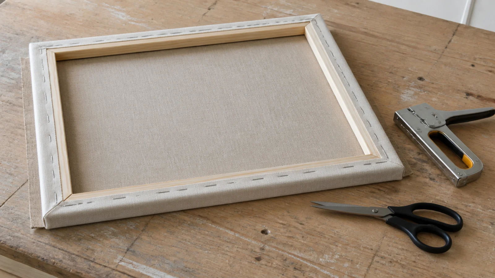 linen fabric stretched and stapled across a slim timber stretcher frame
