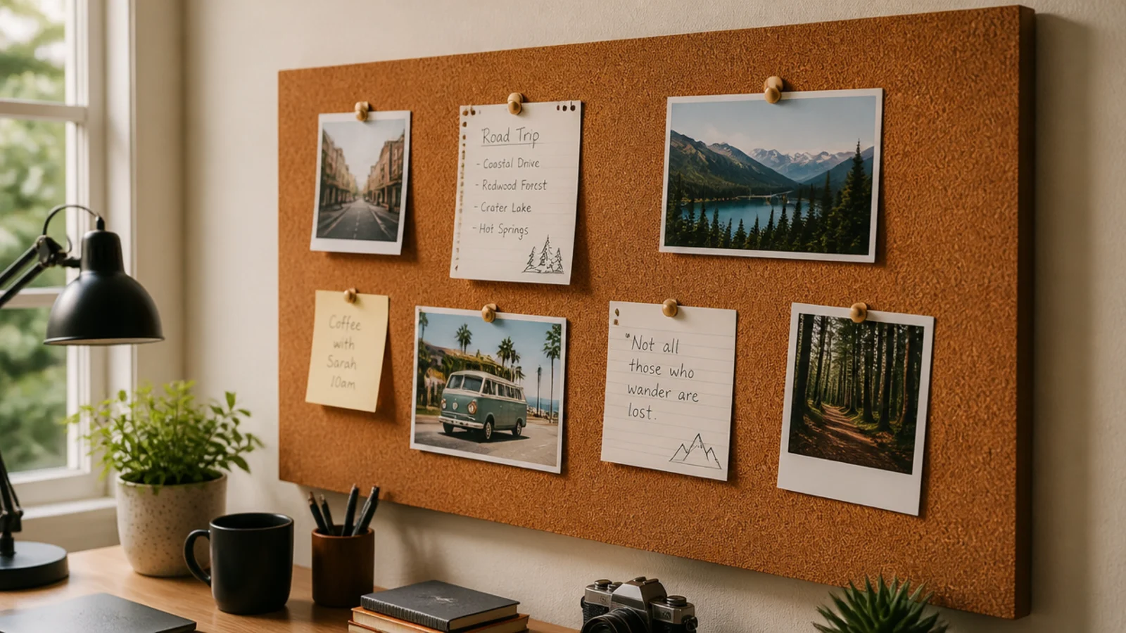 natural cork tile panel holding pinned photographs and notes