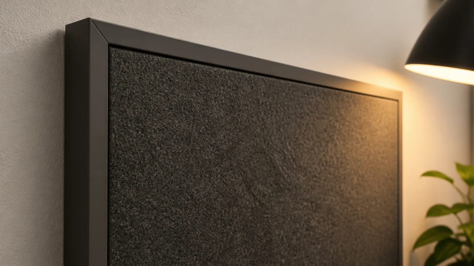 charcoal acoustic felt panel set inside a slim painted timber frame