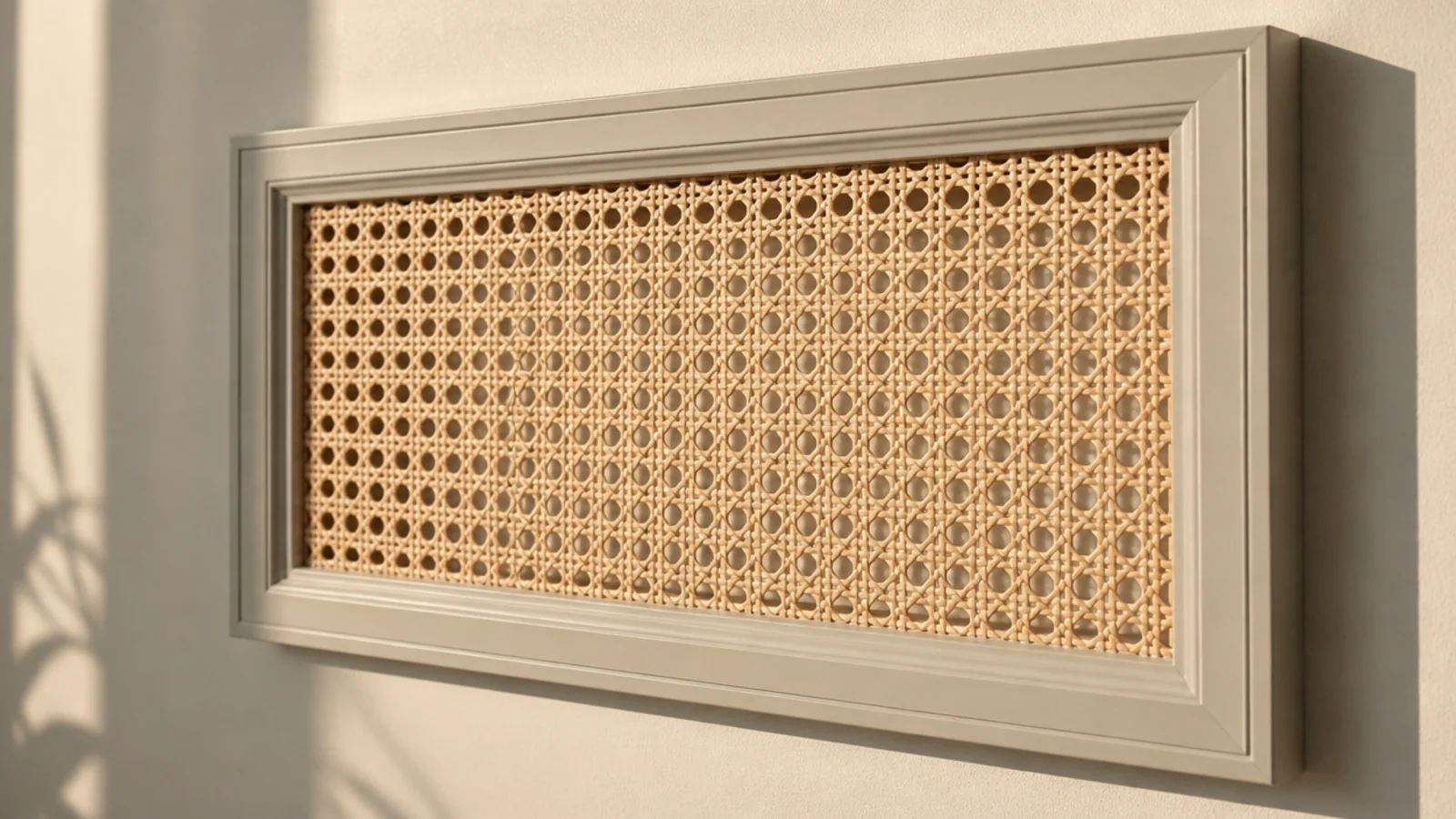 natural cane webbing filling a painted moulding box on a wall