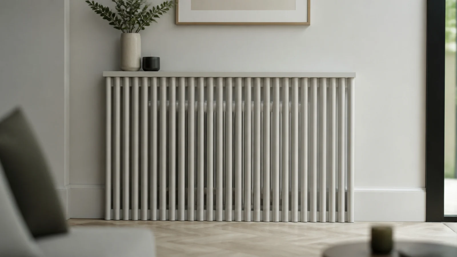 vertical dowel screen fitted in front of a radiator recess