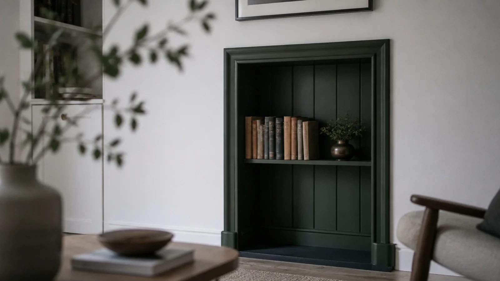 single chimney alcove panelled while the surrounding wall stays plain