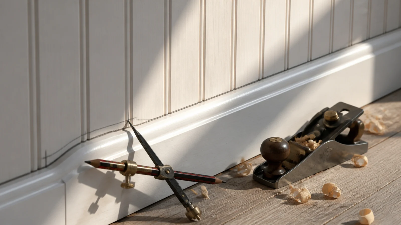 beadboard sheet cut to sit tightly above an existing skirting board