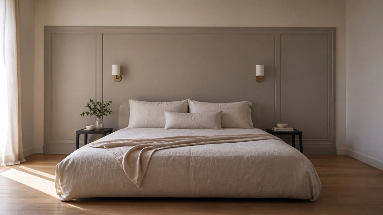 one wide panelled section framing a bed on an otherwise plain wall