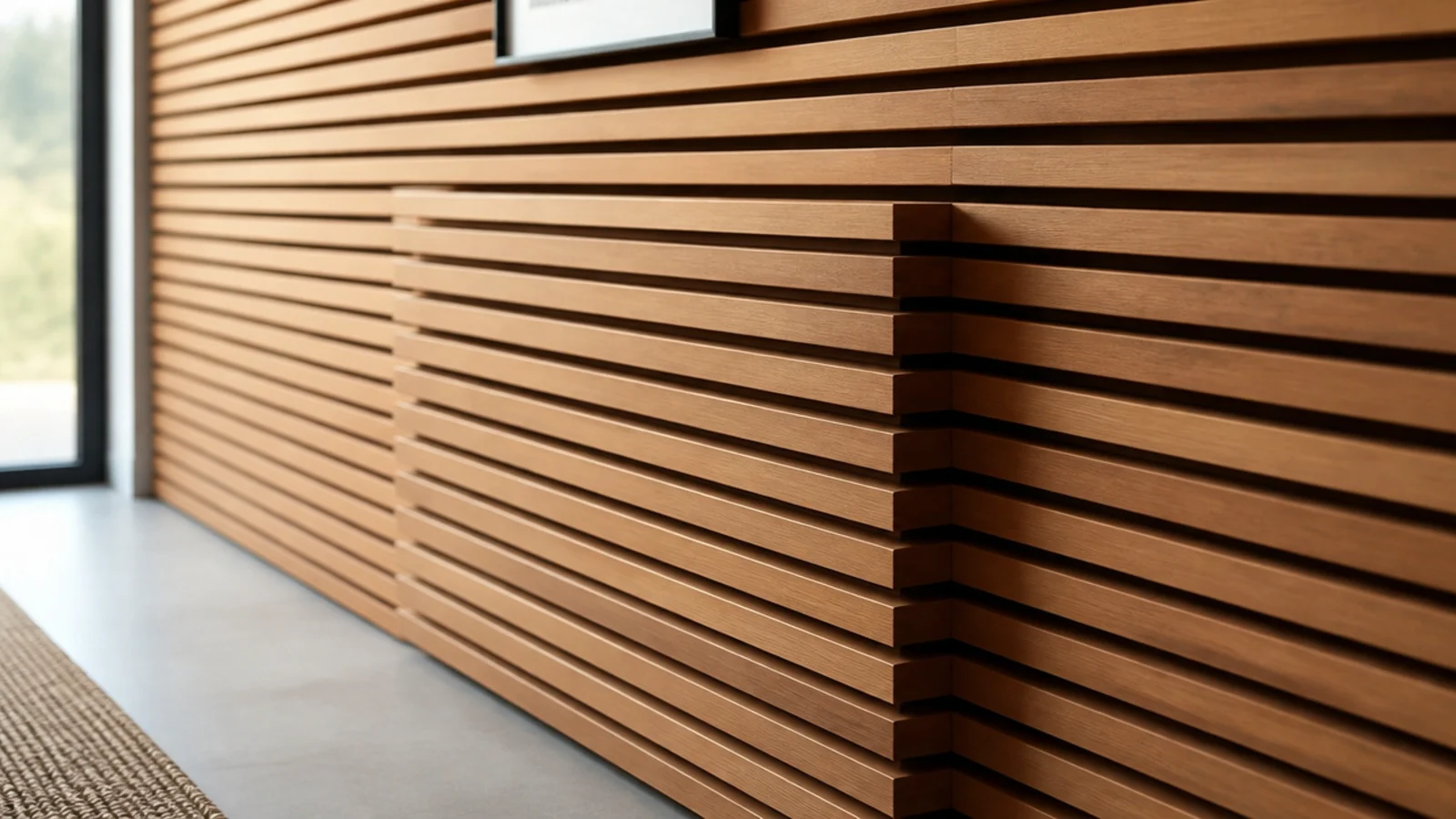 timber slats running across a wall and past a boxed in radiator