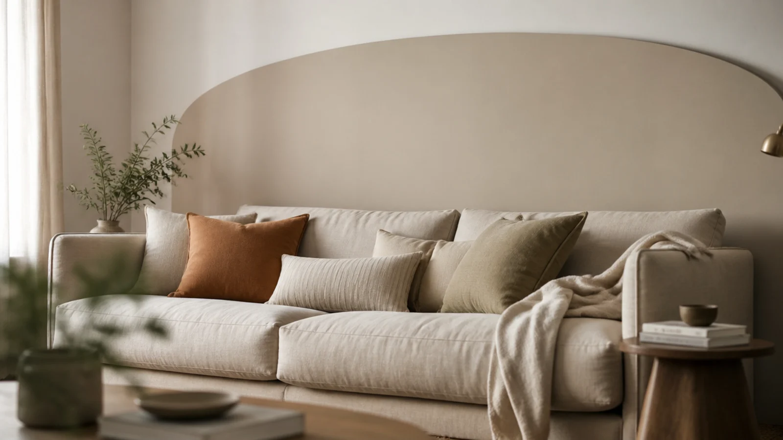 panel with a curved upper edge fitted behind a low linen sofa