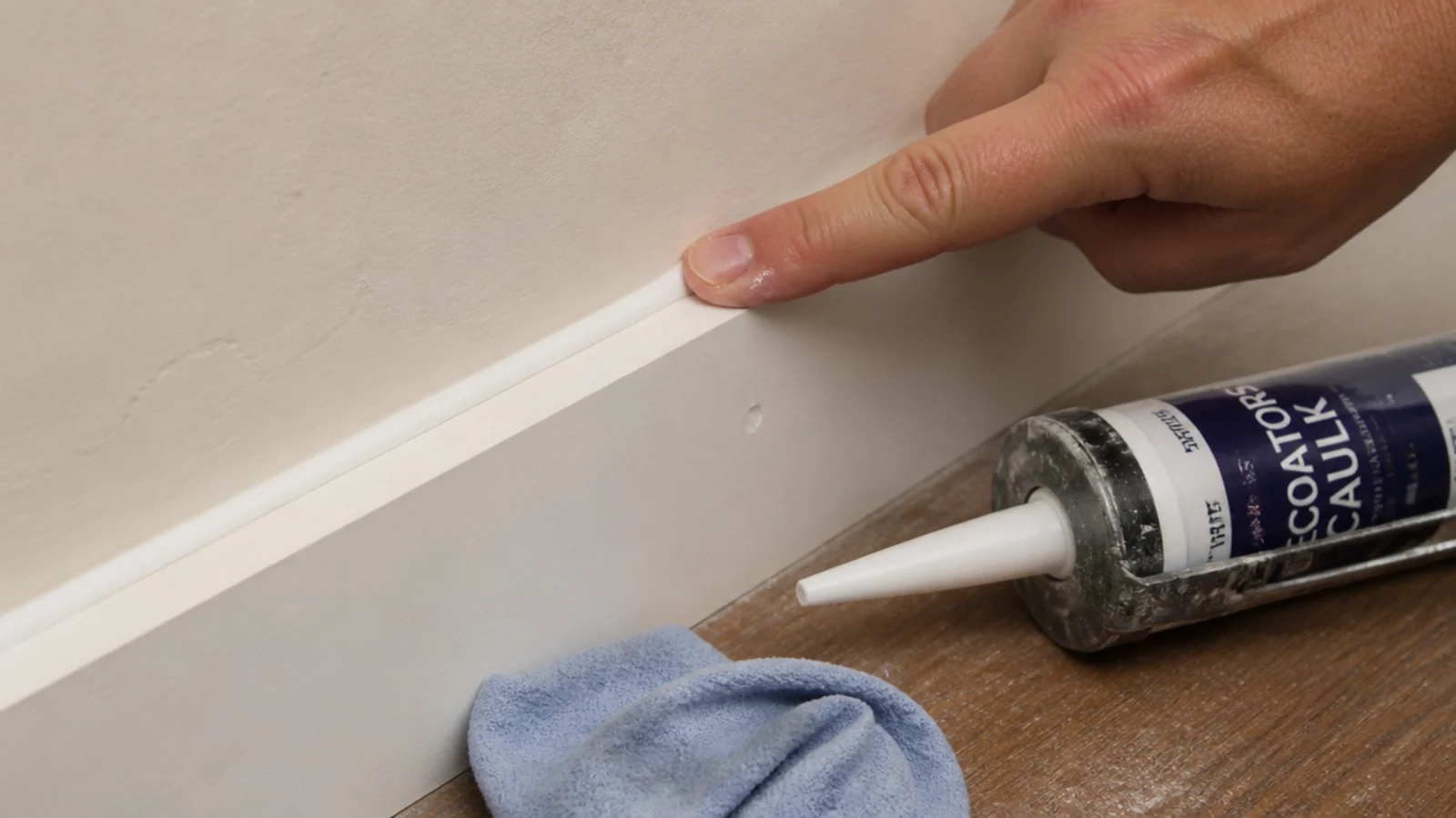 thin bead of caulk being smoothed along an internal panelling joint