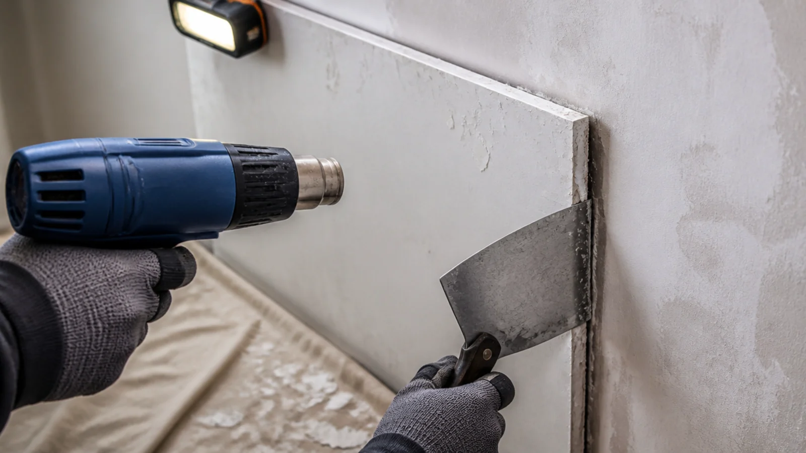 heat gun and filling knife lifting a panel cleanly off a plaster wall