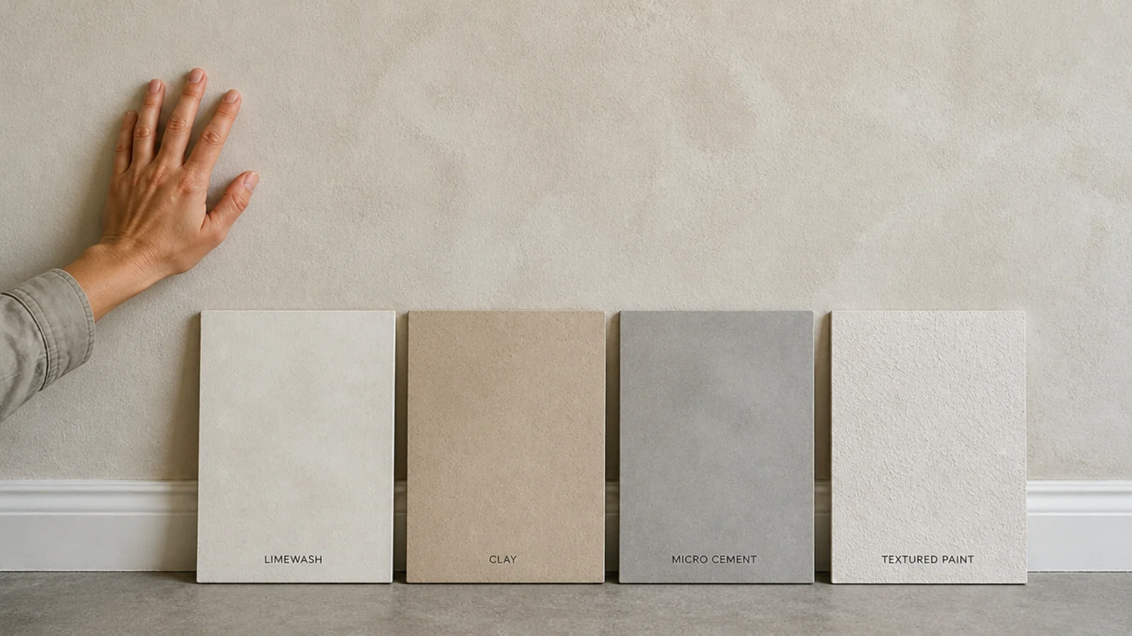 hand testing a wall surface beside sample boards of different finishes
