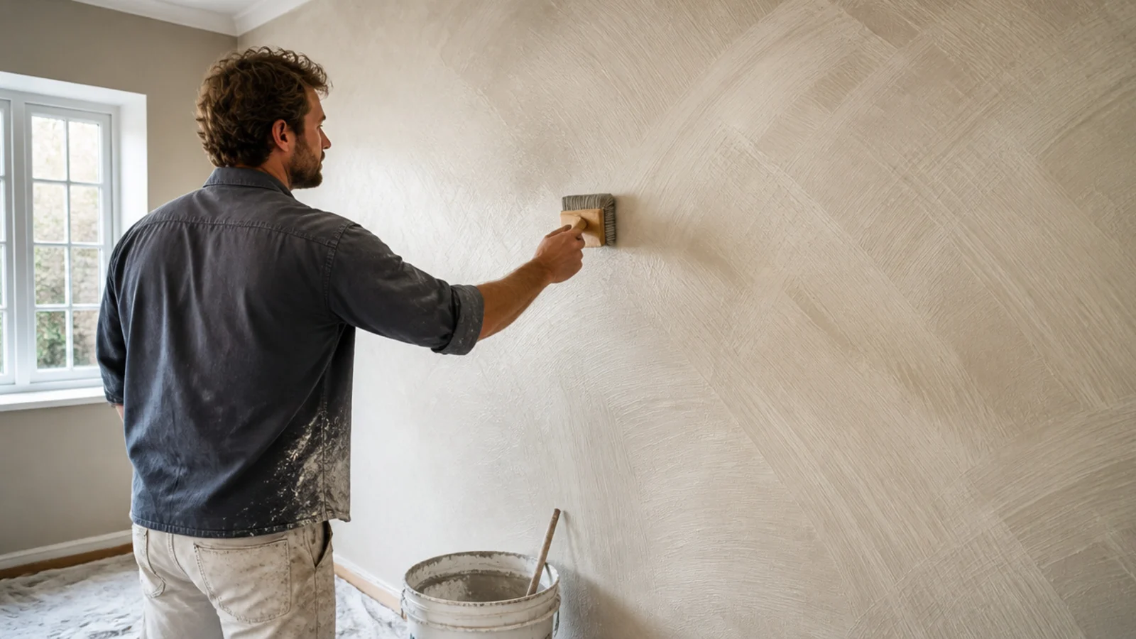 block brush working limewash in overlapping arcs across a wall