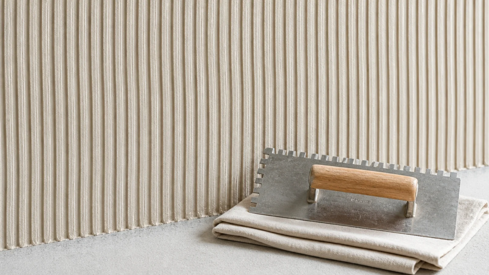 combed plaster wall showing regular parallel grooves across the face