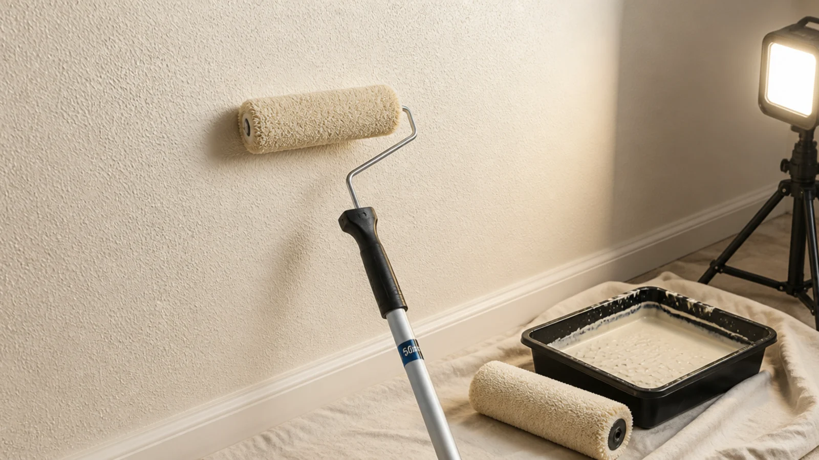 long pile roller leaving a fine stippled texture across a wall