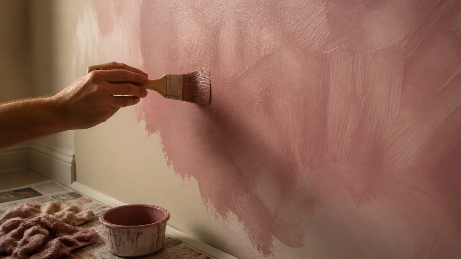 translucent colour wash brushed over a paler base coat on a wall