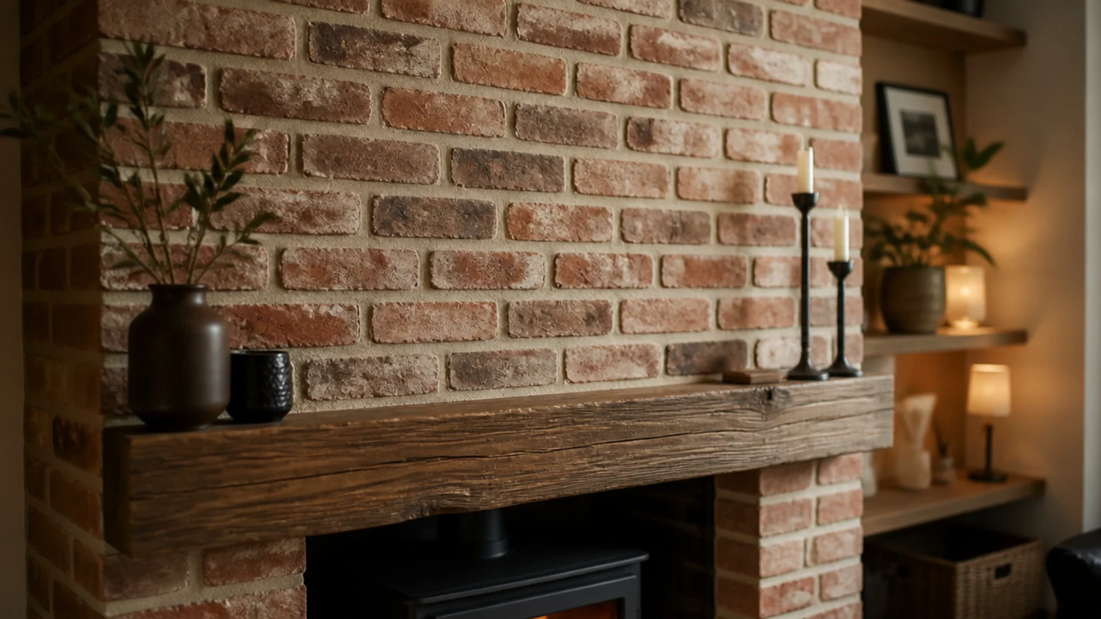 reclaimed brick slips laid in a running bond across a chimney breast