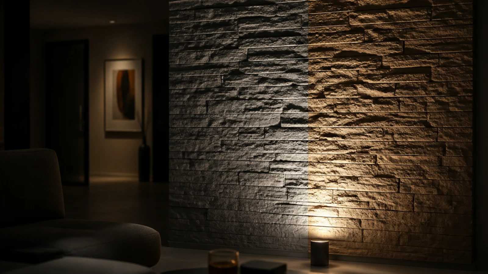 split face stone cladding casting hard shadows across a feature wall