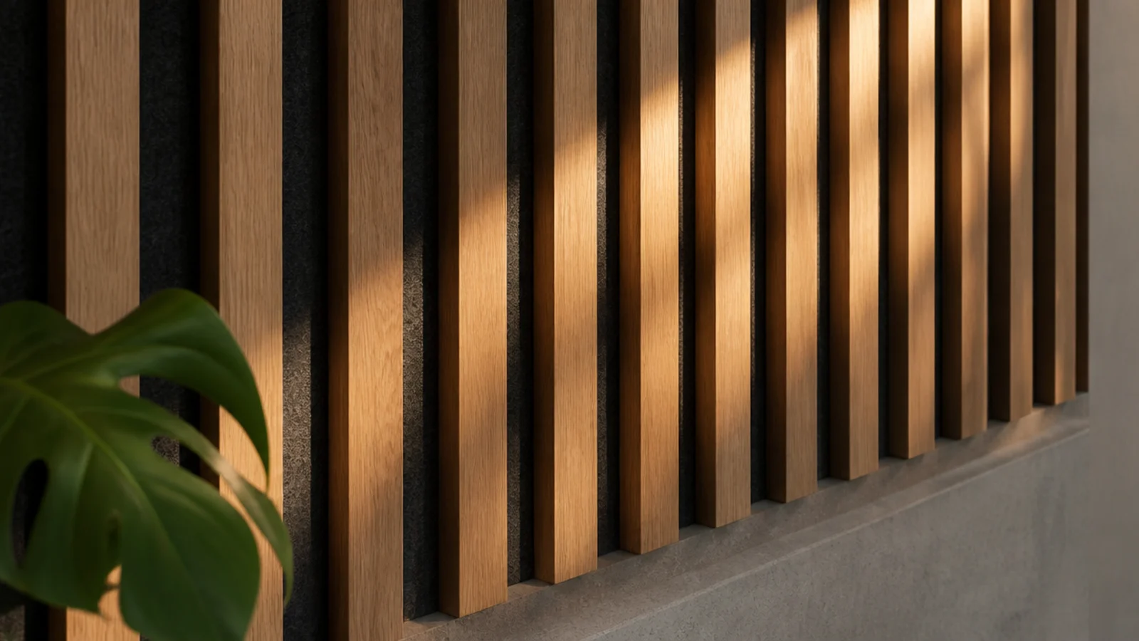 oak slats casting even vertical shadows across a felt backed wall