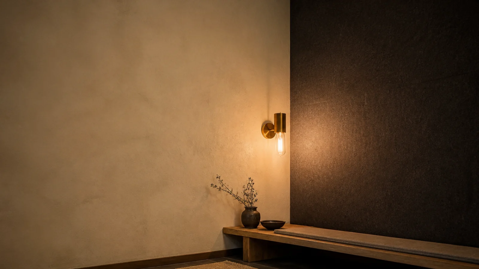 tall view of wall texture design in limewash beside a felt panel