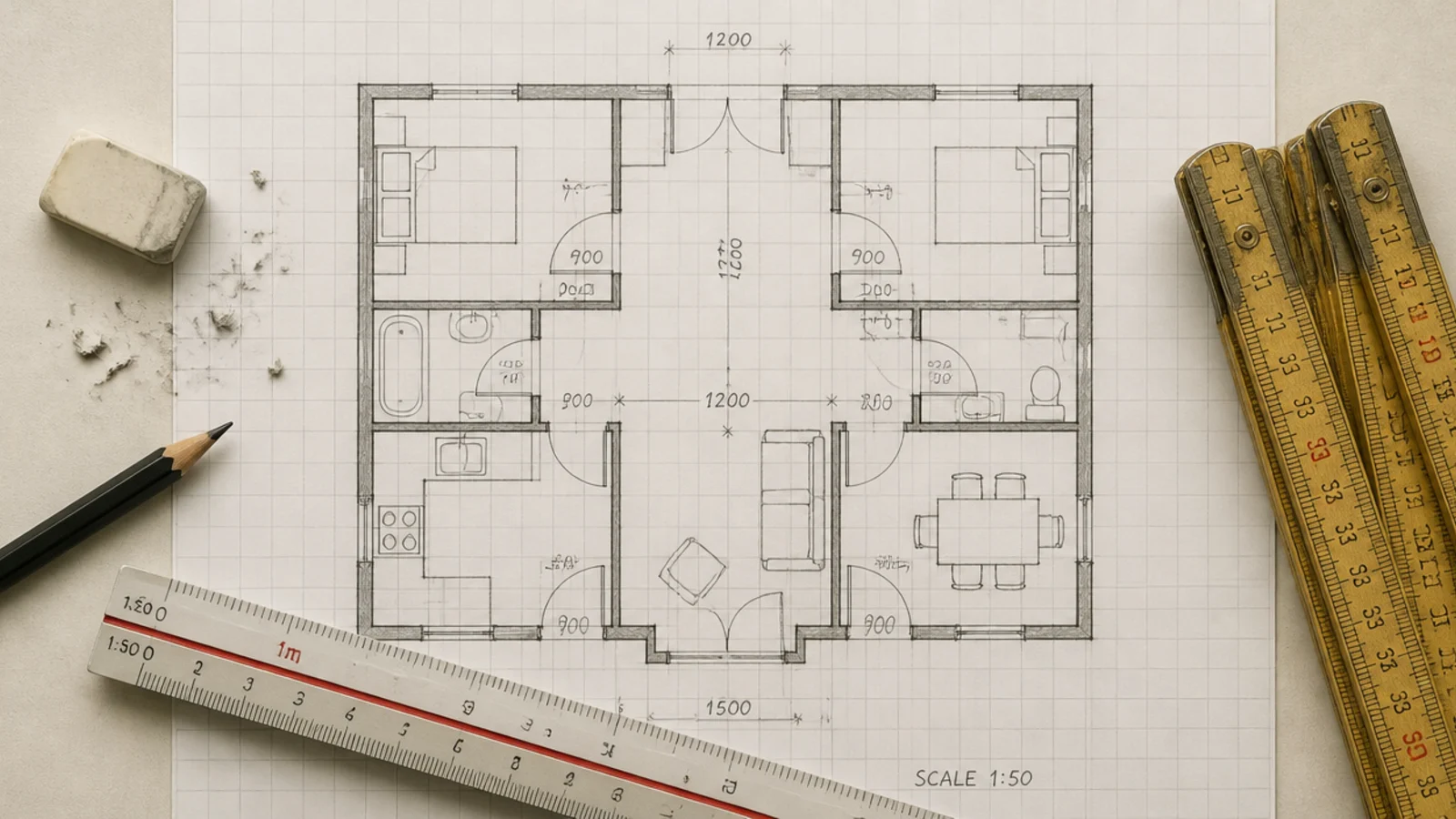 floor plan sketch showing walkway widths and door swings marked out