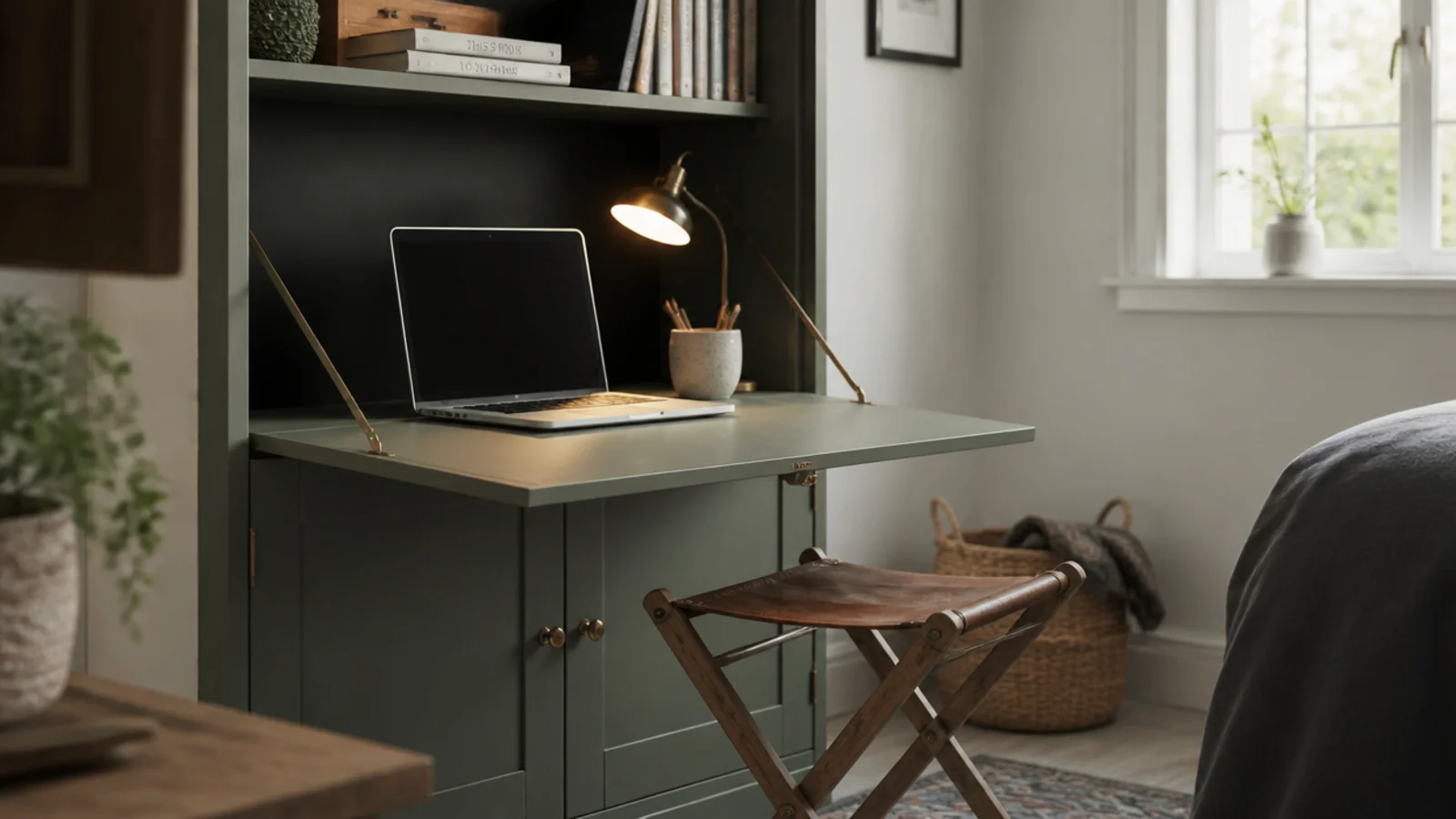 fold down desk flap lowered from a media unit revealing a work surface