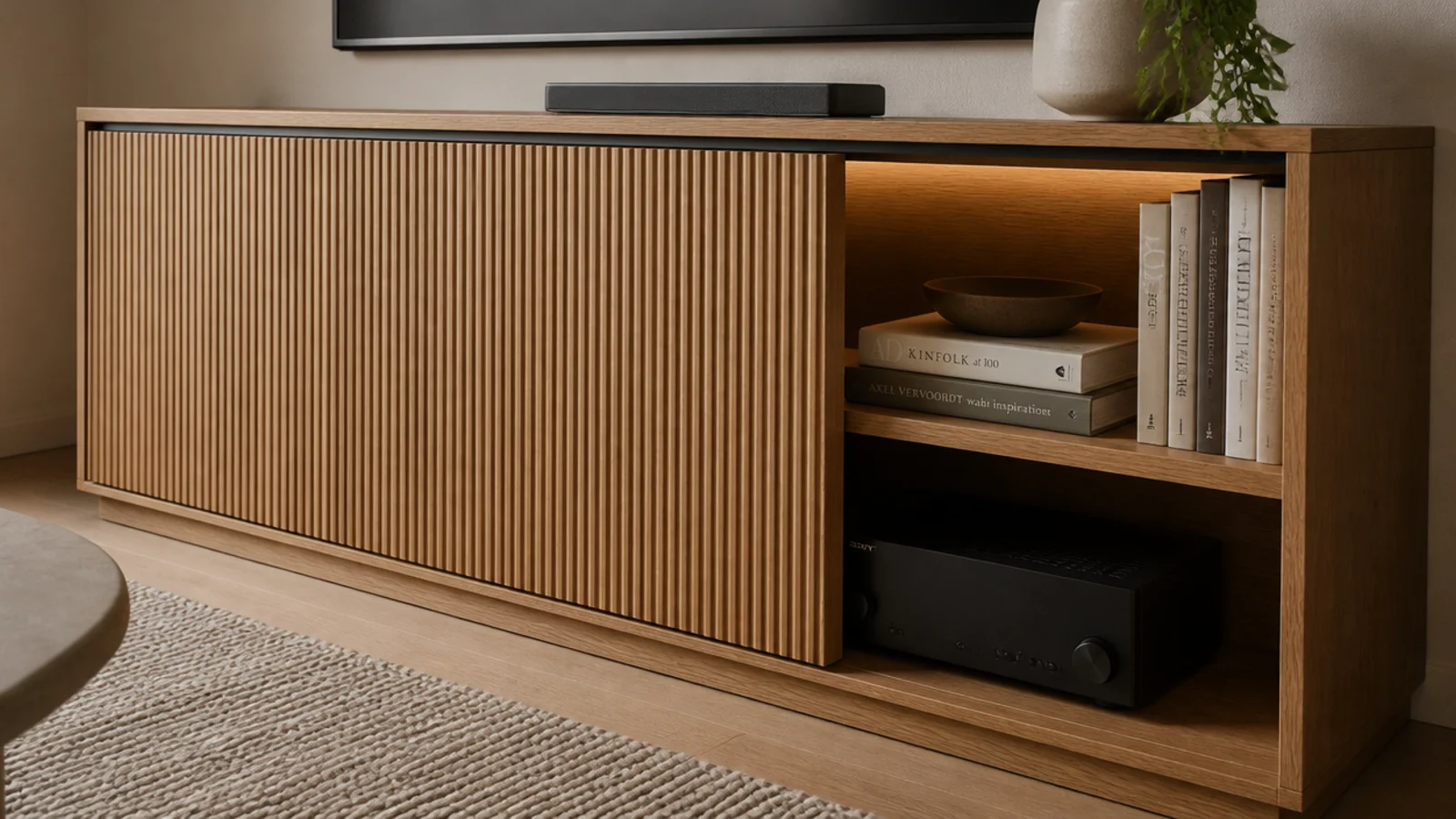 sliding cabinet door part drawn across a media unit on a top track