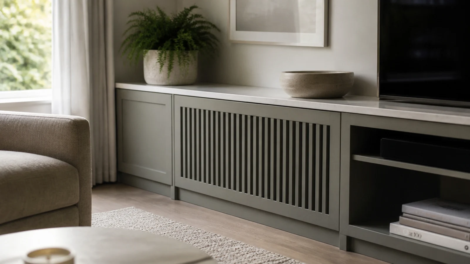 slatted radiator cover integrated into a run of painted media joinery