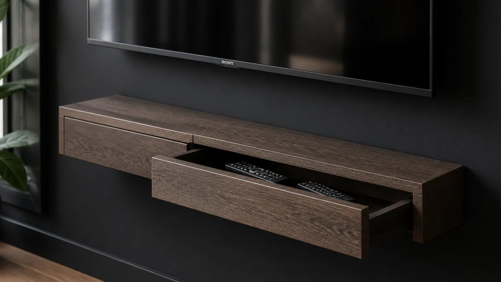 single slim wall hung drawer floating beneath a mounted television